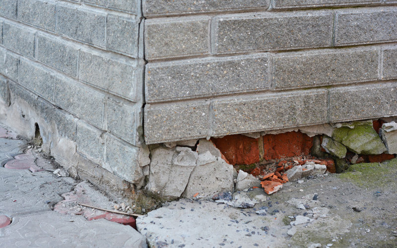 Foundation Repair - Warning Signs. House foundation repair. Foundation Repair. Broken Foundation House Brick Wall